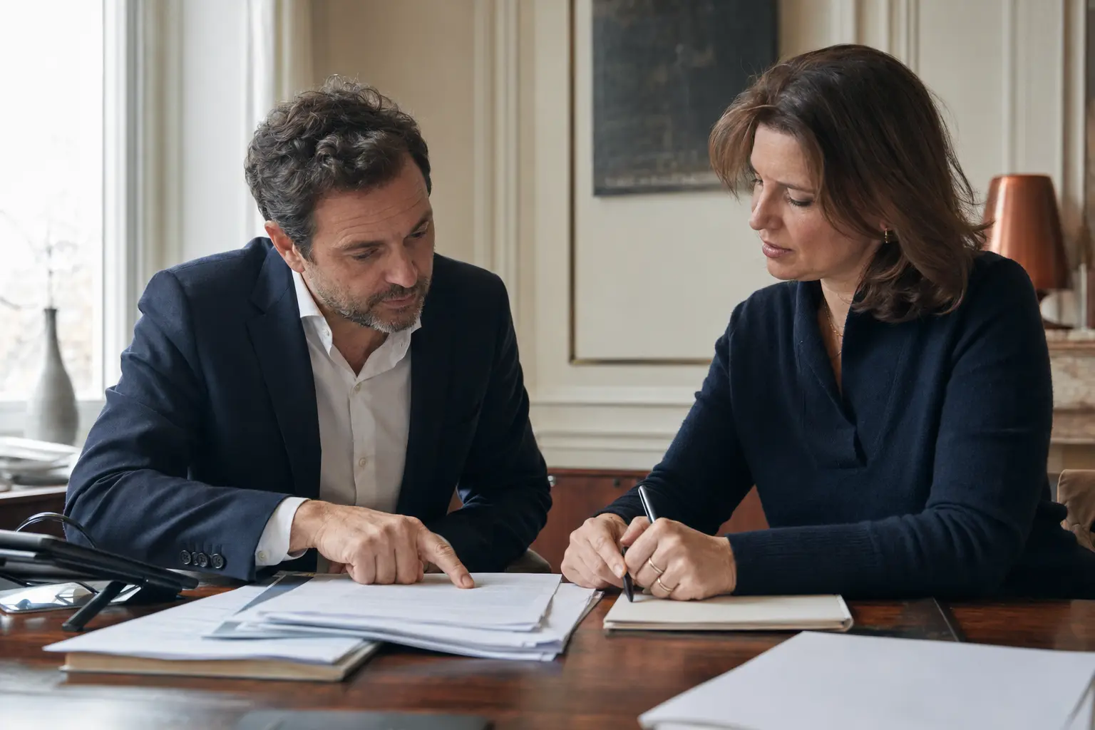 Un dirigeant et une experte examinent un dossier d’embauche
